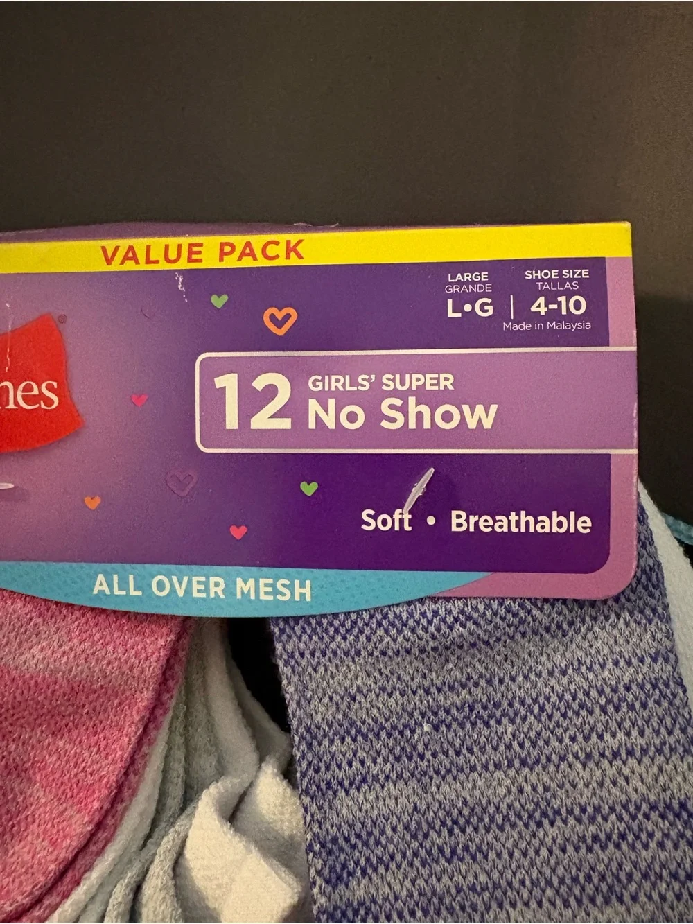 NWT Hanes Girls' 12-Pack No-Show Socks multi sku TR160 size Large shoe size 4-10